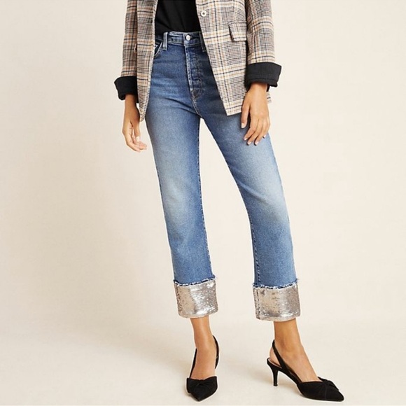 7 For All Mankind Luxe Vintage Sequin Cuff Cropped Boyfriend Jeans Size 30 - Picture 1 of 11